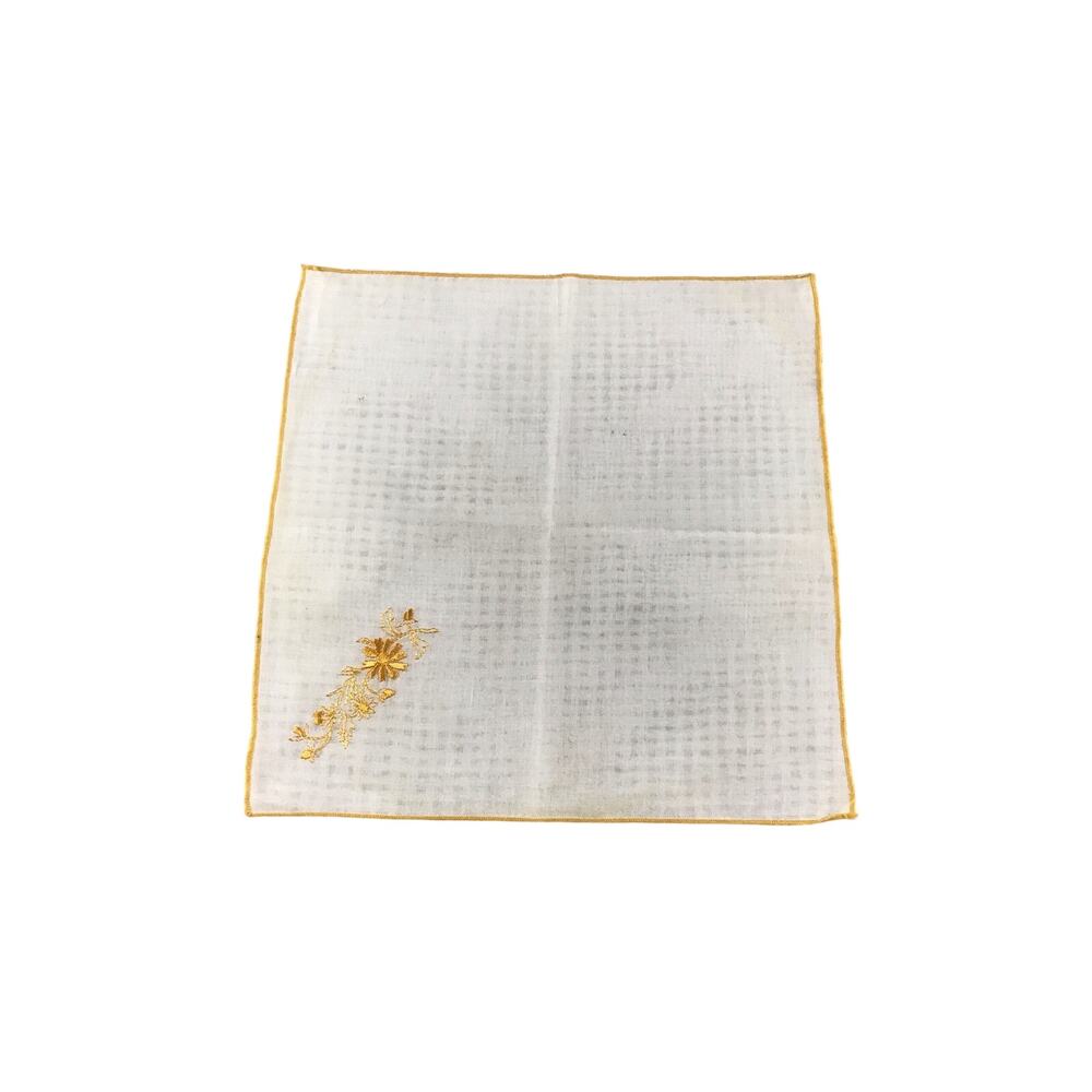White Handkerchief w/ Golden Yellow Embroidery Vintage Bridal Accessory Old